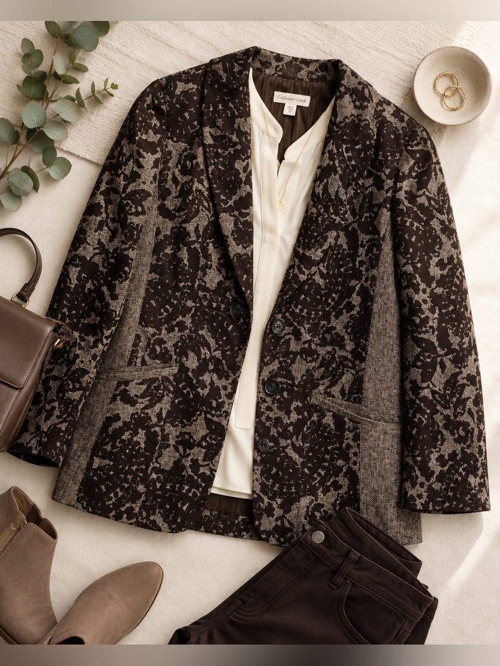 Coldwater Creek Women’s Size 14 Brown Floral Jacquard Blazer Jacket Rayon Blend
